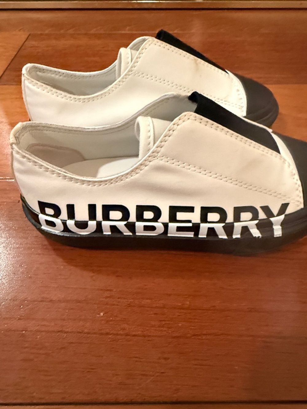 Burberry White and Black Logo Slip-On Kids Sneakers